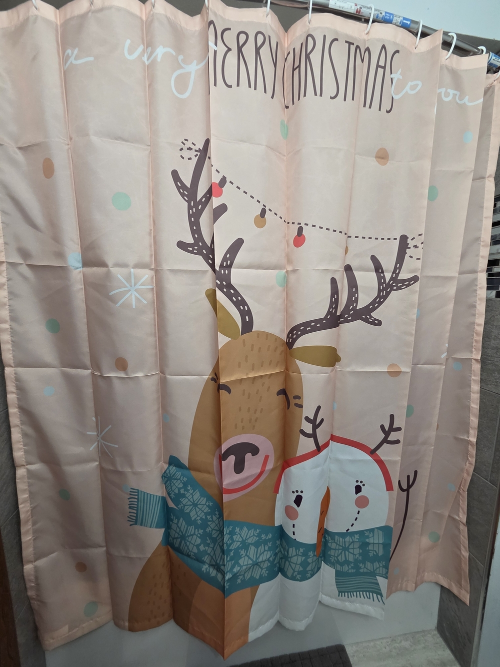 Cute Reindeer Christmas Water Resistant Fabric Shower Curtain - Pink & Teal